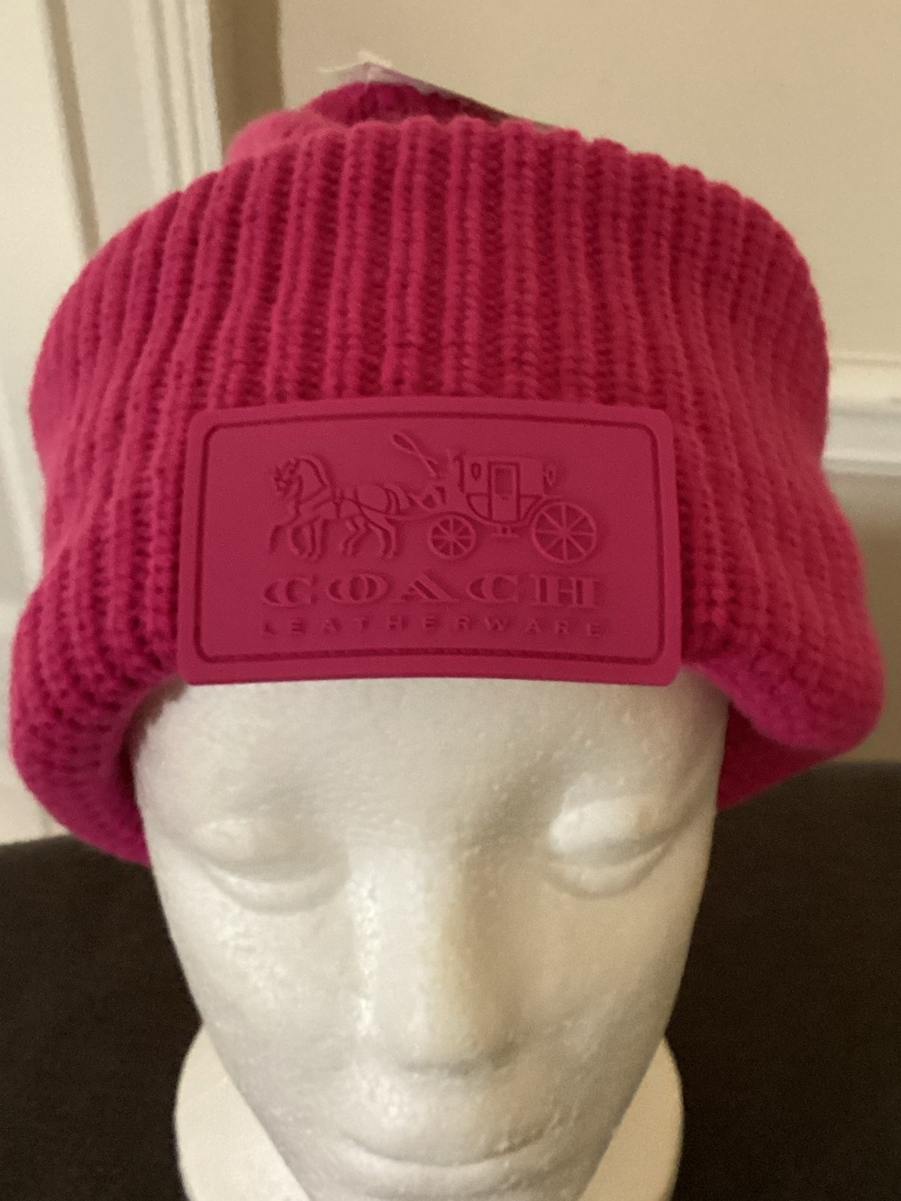 Coach Kids Bright Pink Ribbed Beanie with Logo Patch